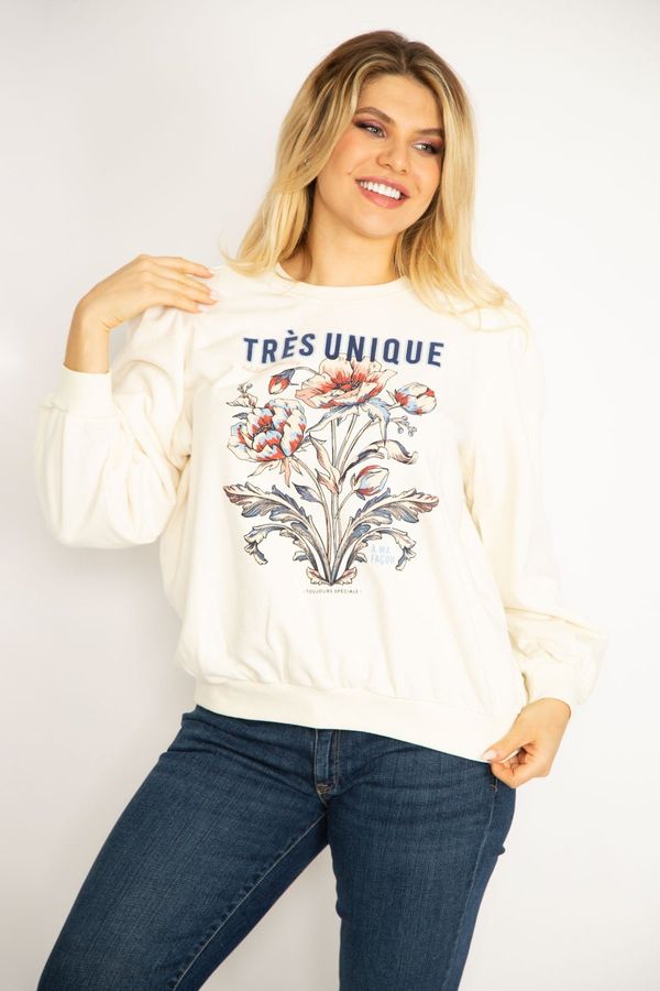 Şans Şans Women's Plus Size Bone 3 Threads Thick Front Printed Ribbed Sweatshirts with Pruners