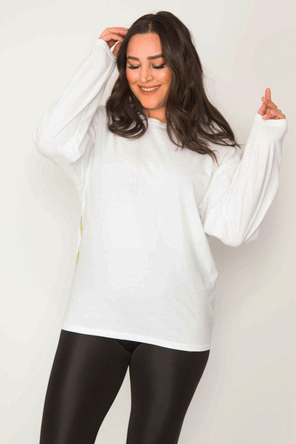 Şans Şans Women's Plus Size Bone Cotton Fabric Crew Neck Sweatshirt with Print Detail on the Back