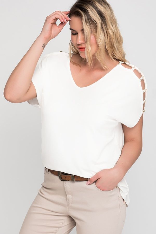 Şans Şans Women's Plus Size Bone Decollete Viscose Viscose Blouse with Bones