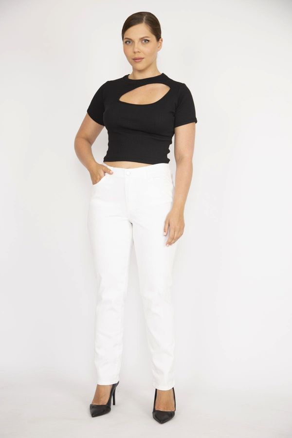 Şans Şans Women's Plus Size Bone High Waist Side Belt Elastic Lycra 5-Pocket Jeans
