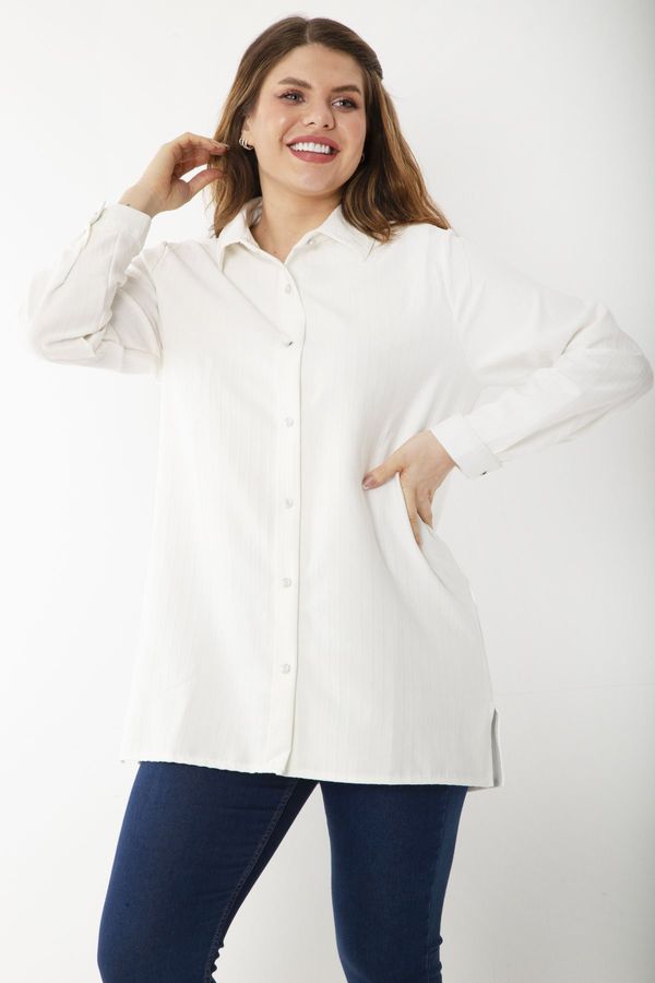Şans Şans Women's Plus Size Bone Self Striped Metal Button Long Sleeve Shirt