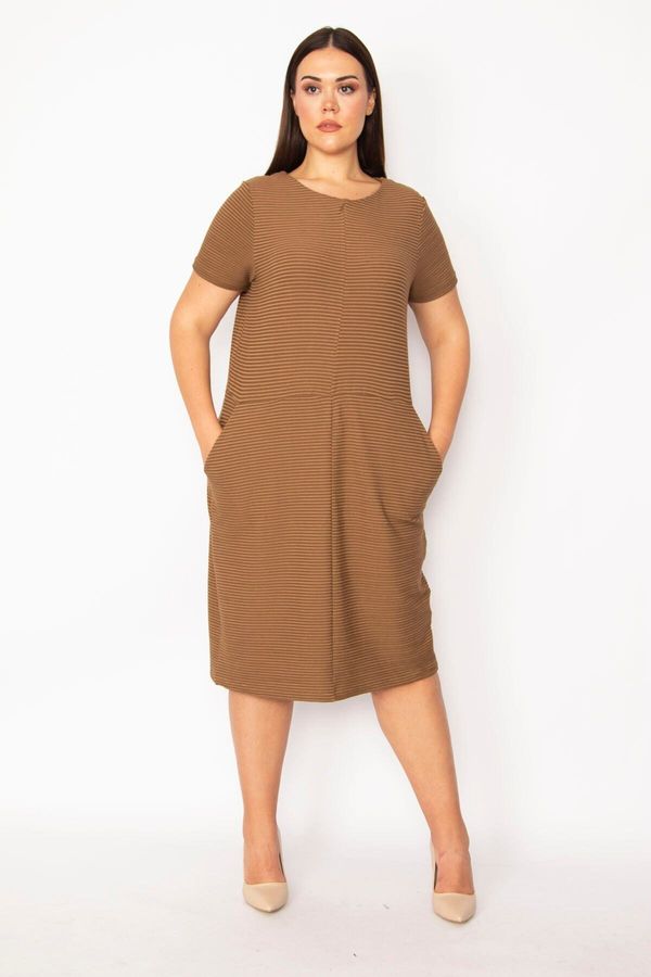 Şans Şans Women's Plus Size Brown and Milky Striped Dress with Pocket