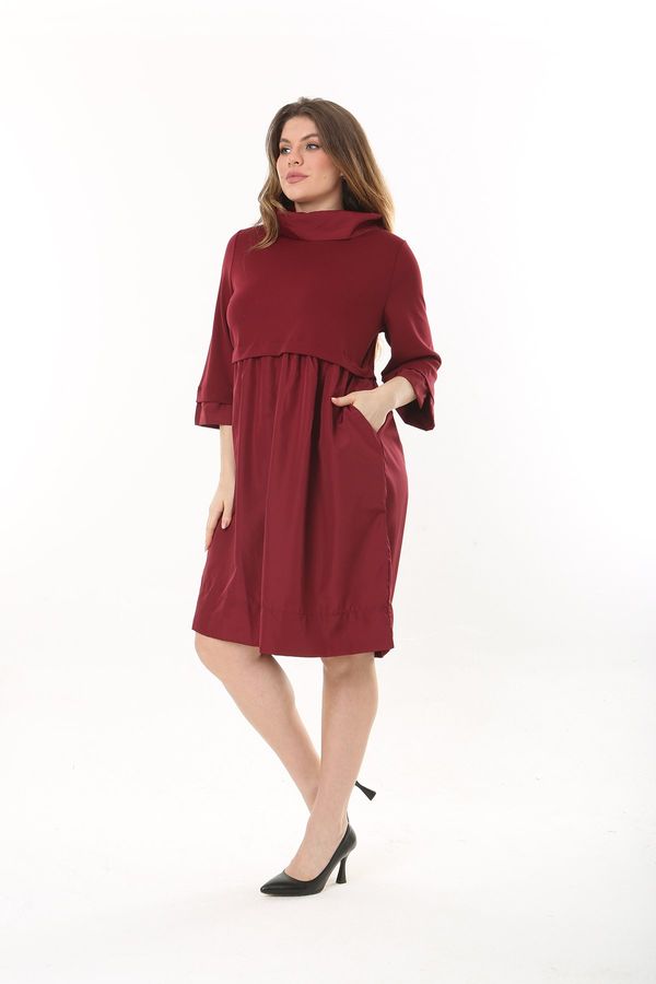Şans Şans Women's Plus Size Burgundy Collar Sleeve Cuff and Skirt Taffeta Fabric Dress
