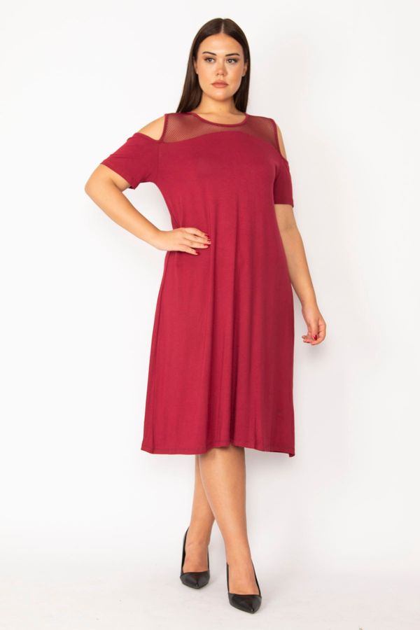 Şans Şans Women's Plus Size Claret Red Burgundy Dress With Low-Collection And Pockets Mesh Detail Viscose