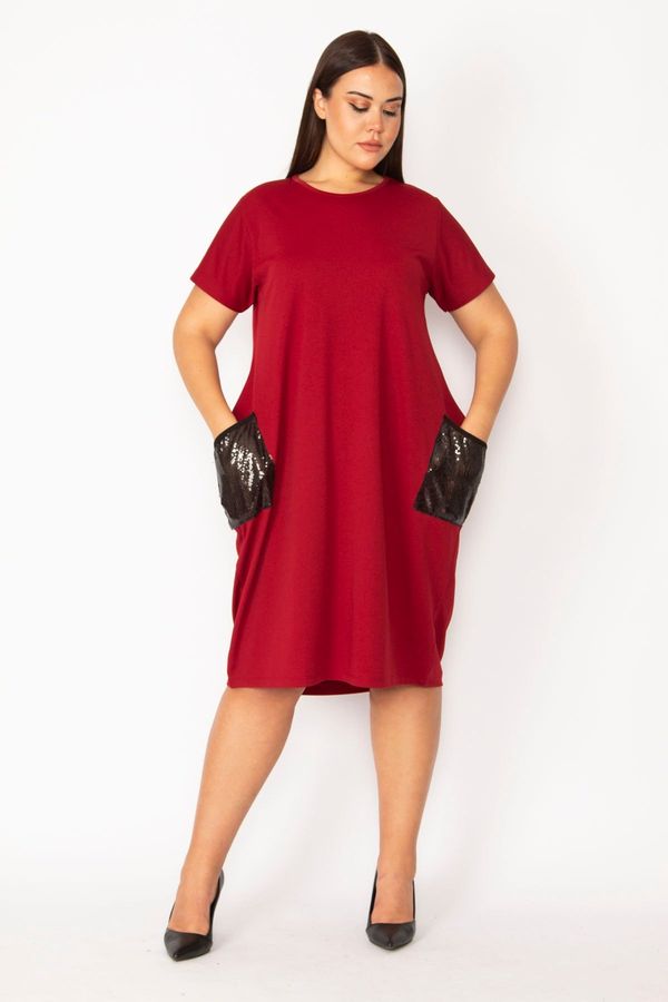 Şans Şans Women's Plus Size Claret Red Dress with Pocket Sequin Detail