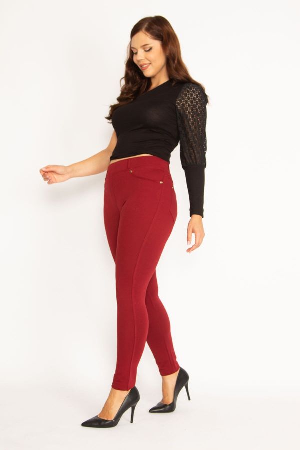 Şans Şans Women's Plus Size Claret Red Leggings With Front And Back Pockets