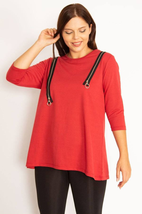 Şans Şans Women's Plus Size Claret Red Ornamental Zippered Sweatshirt