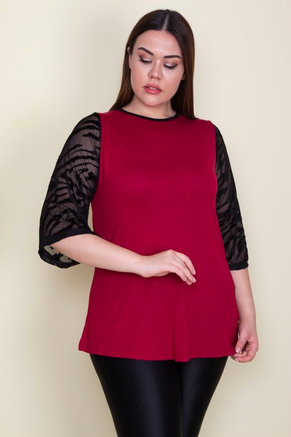Şans Şans Women's Plus Size Claret Red Viscose Blouse with Flocked Sleeves, Tulle Detail