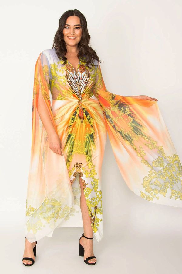 Şans Şans Women's Plus Size Colored Sleeves Chiffon Detailed Front Slit Evening Dress