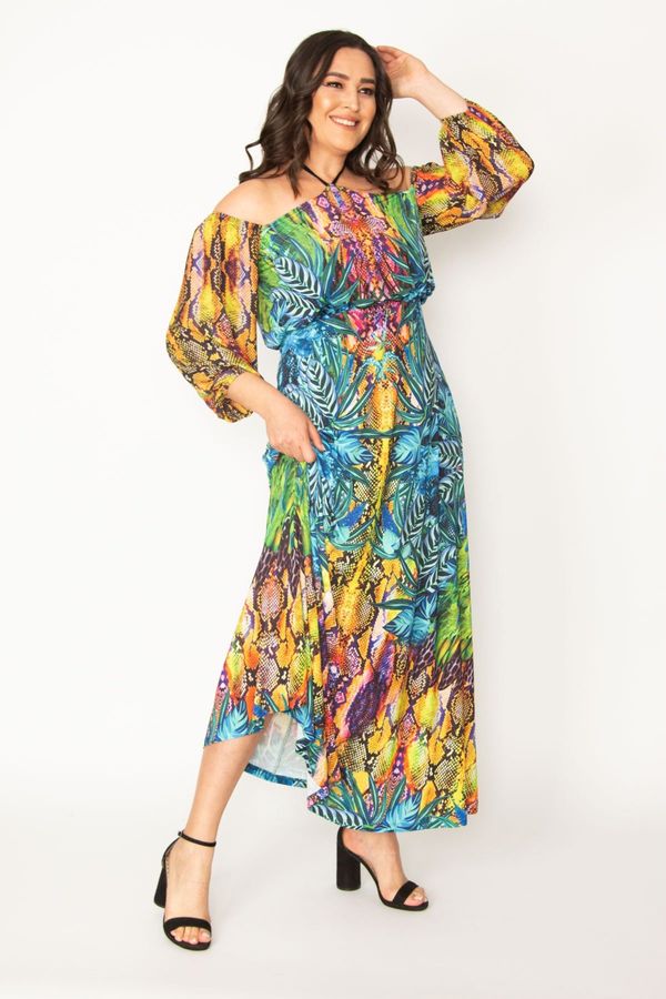Şans Şans Women's Plus Size Colorful Halter Neck Sleeve Detailed Colorful Dress
