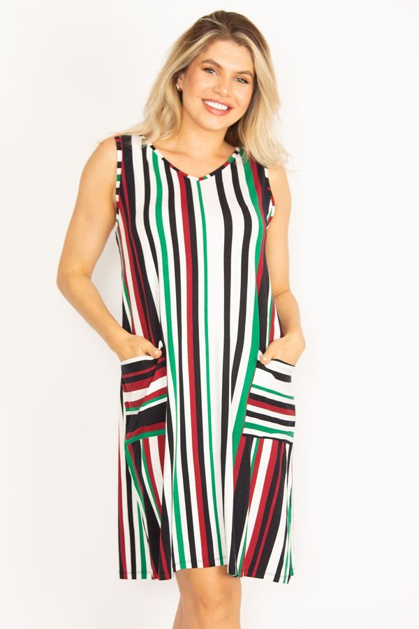 Şans Şans Women's Plus Size Colorful Pocket Detailed Striped Dress