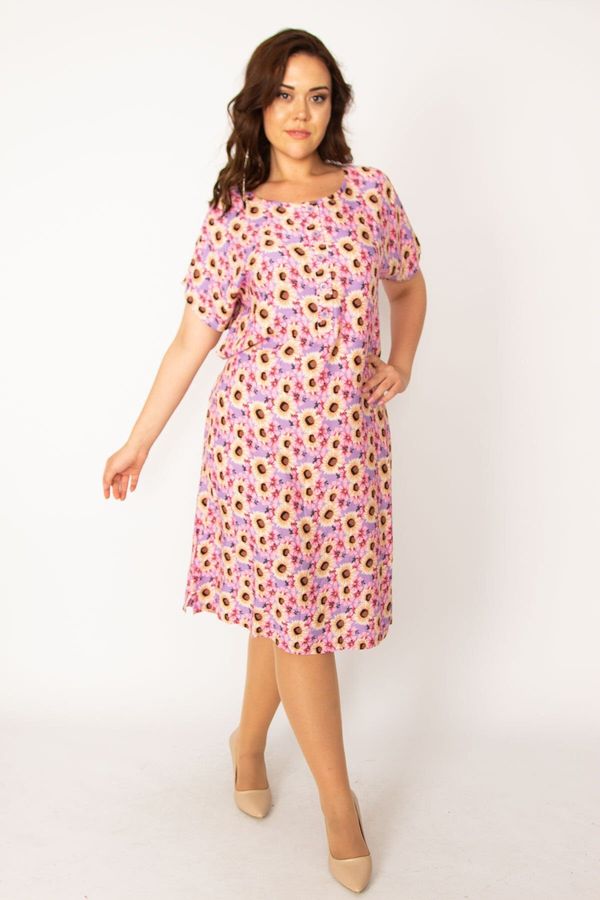 Şans Şans Women's Plus Size Colorful Woven Viscose Fabric Front Pats with Buttons and a Belted Waist Dress