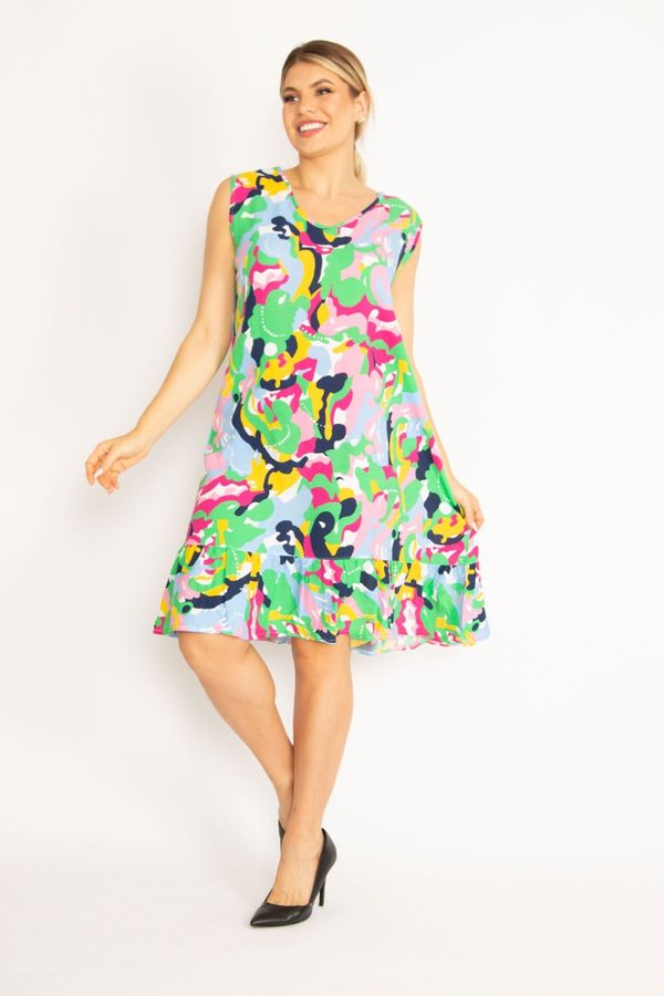 Şans Şans Women's Plus Size Colorful Woven Viscose Fabric V-Neck Skirt Multicolored Dress