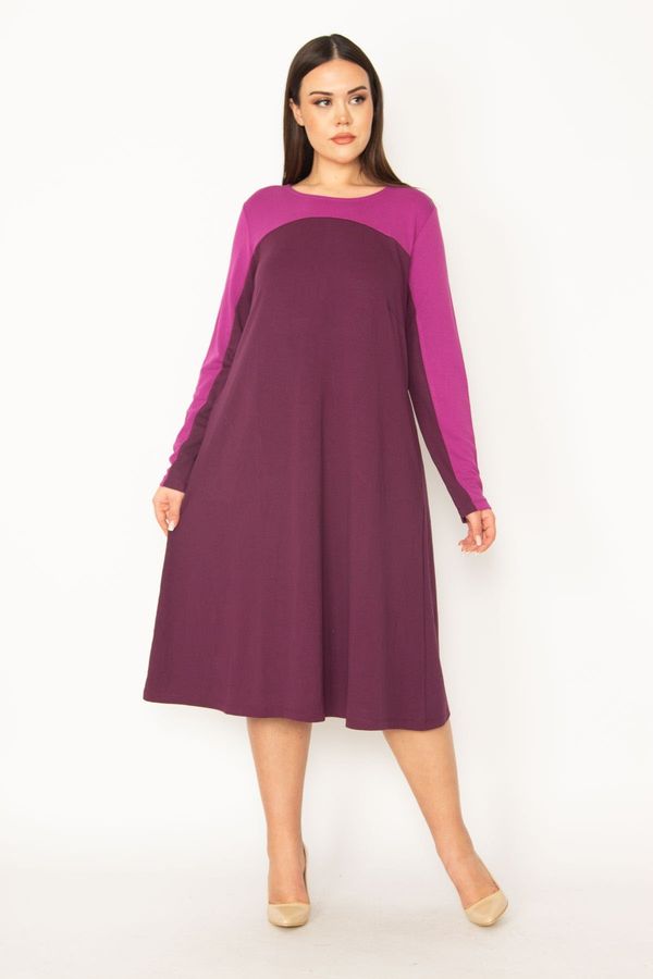 Şans Şans Women's Plus Size Damson Robe And Sleeve Color Combined Long Dress