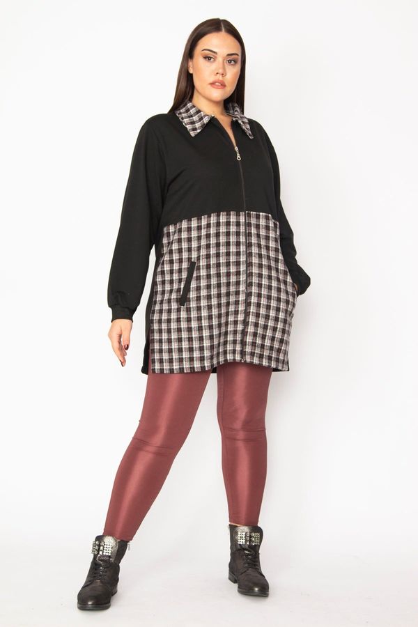 Şans Şans Women's Plus Size Gray Checkered Detailed Coat with Zipper and Pocket