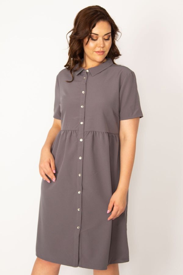 Şans Şans Women's Plus Size Gray Front Length Buttoned Waist Gathered Collar Dress
