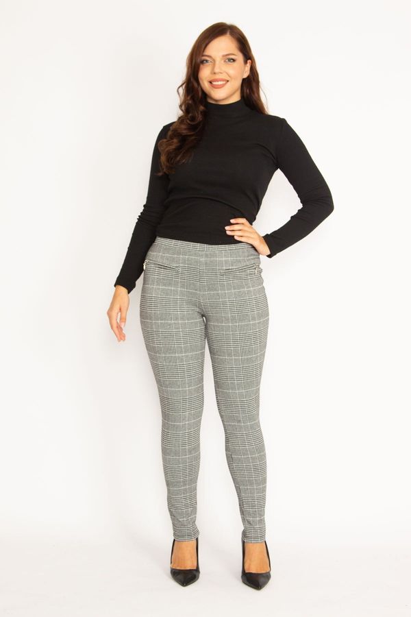 Şans Şans Women's Plus Size Gray Plaid Patterned Leggings With Zippered Ornamental Pockets