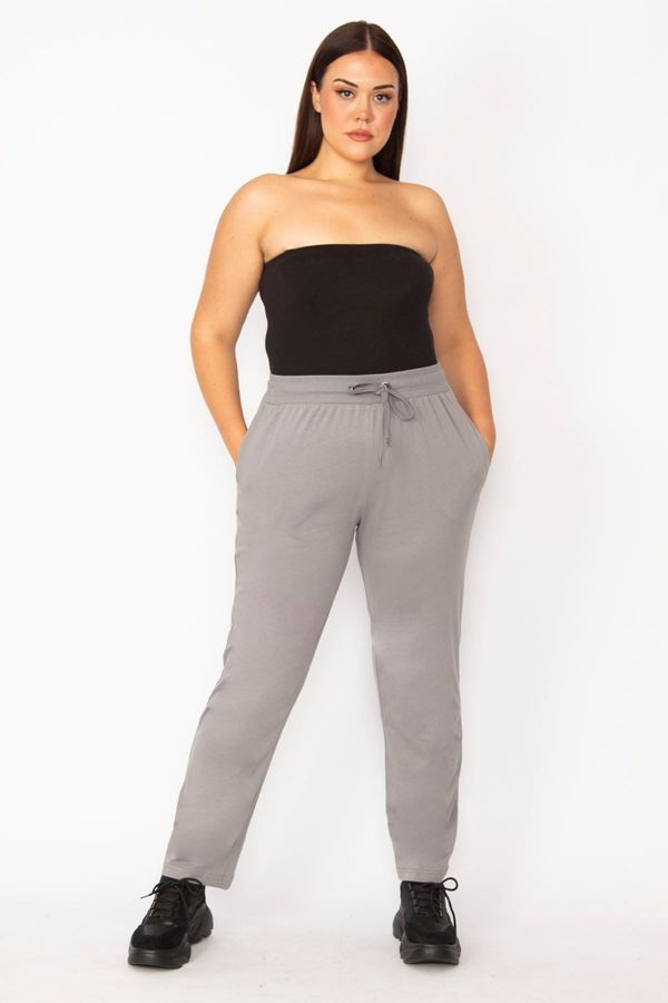 Şans Şans Women's Plus Size Gray Sports Trousers with Elastic Waist And Slip Eyelets Detailed Pockets