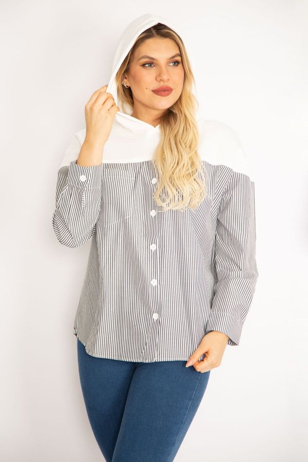 Şans Şans Women's Plus Size Gray Sporty Shirt Tunic with Buttons and Hood