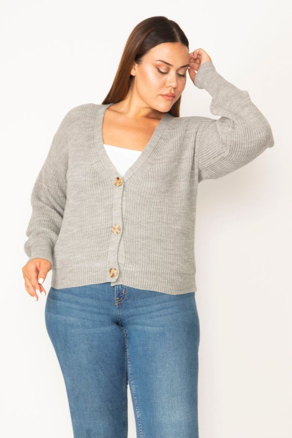 Şans Şans Women's Plus Size Gray V-Neck Knitwear Cardigan with Buttons
