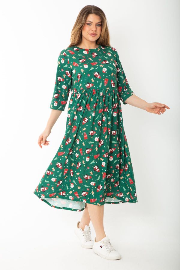 Şans Şans Women's Plus Size Green Christmas Patterned Waist Gathered Capri Sleeve Dress
