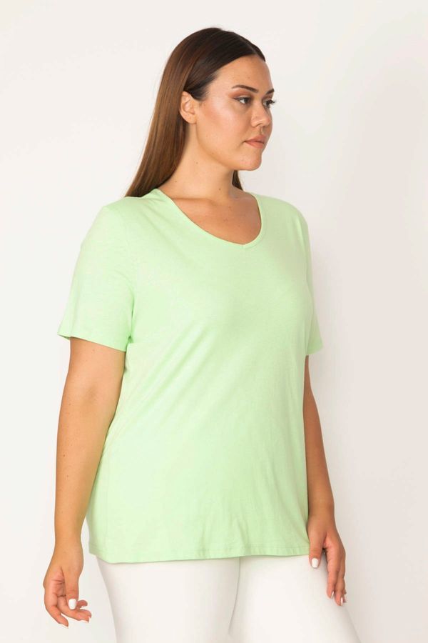 Şans Şans Women's Plus Size Green Cotton Fabric Crewneck Short Sleeve Blouse