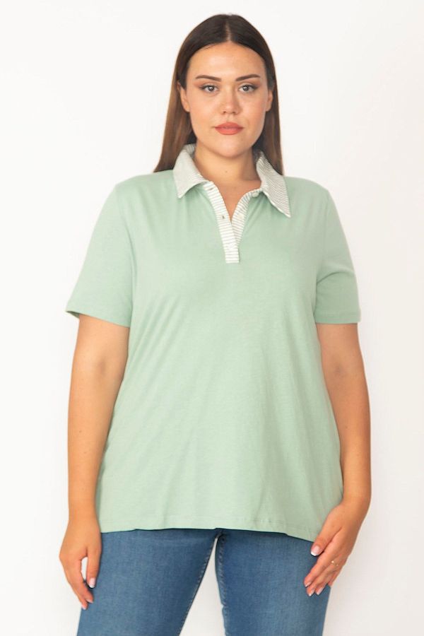 Şans Şans Women's Plus Size Green Cotton Fabric Polo Neck Blouse with Popsicle