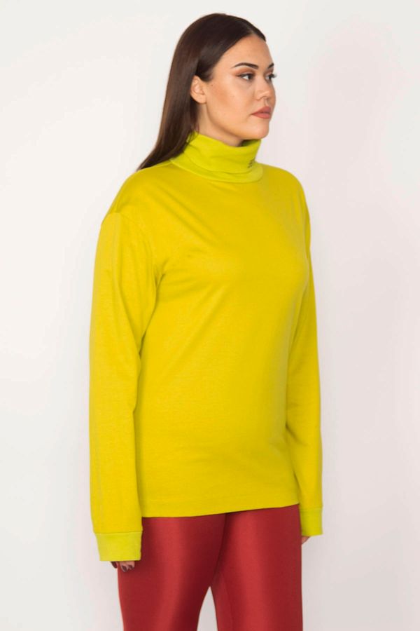 Şans Şans Women's Plus Size Green Cotton Fabric Turtleneck Collar Blouse