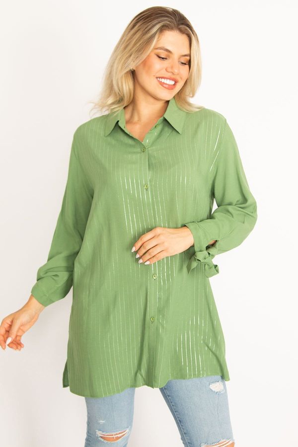 Şans Şans Women's Plus Size Green Front Buttoned Sleeves Lace And Silvery Detailed Woven Viscose Shirt