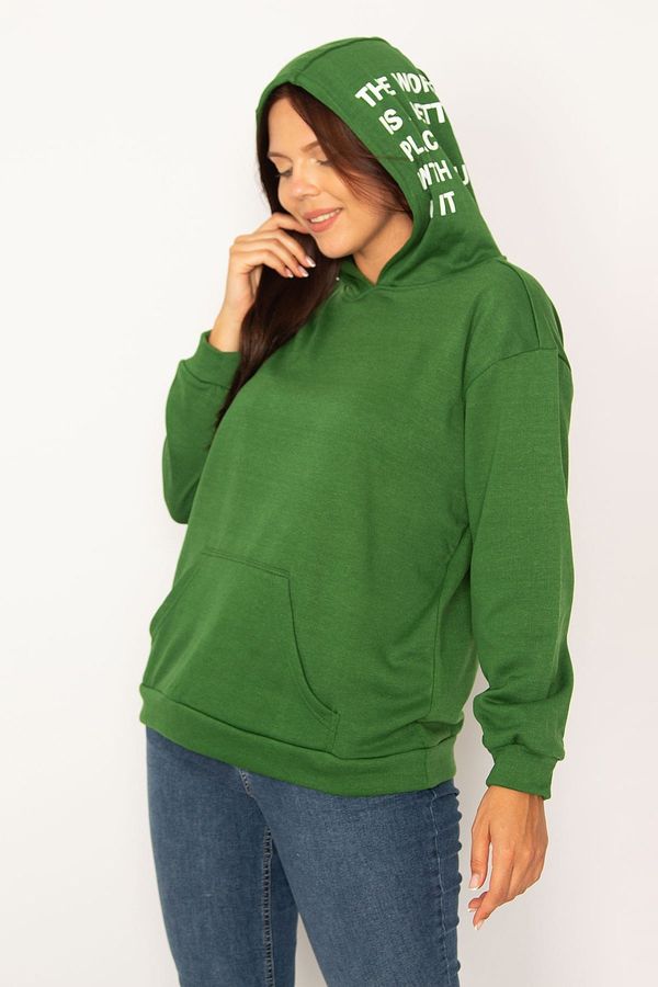 Şans Şans Women's Plus Size Green Hoodie. Kangaroo Pocket Polar Fleece Sweatshirt