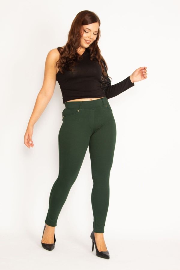 Şans Şans Women's Plus Size Green Leggings With Ornamental Front Pockets And Back Pockets