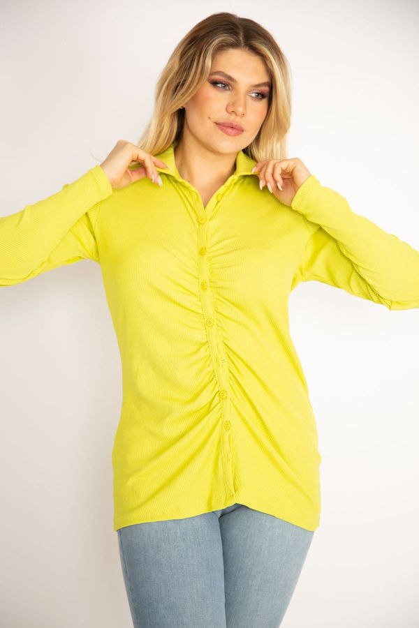 Şans Şans Women's Plus Size Green Lycra Blouse with Front Buttons and Drawstring