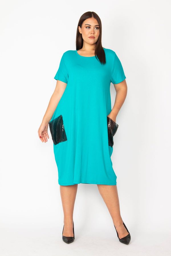 Şans Şans Women's Plus Size Green Pocket Sequin Detail Viscose Dress