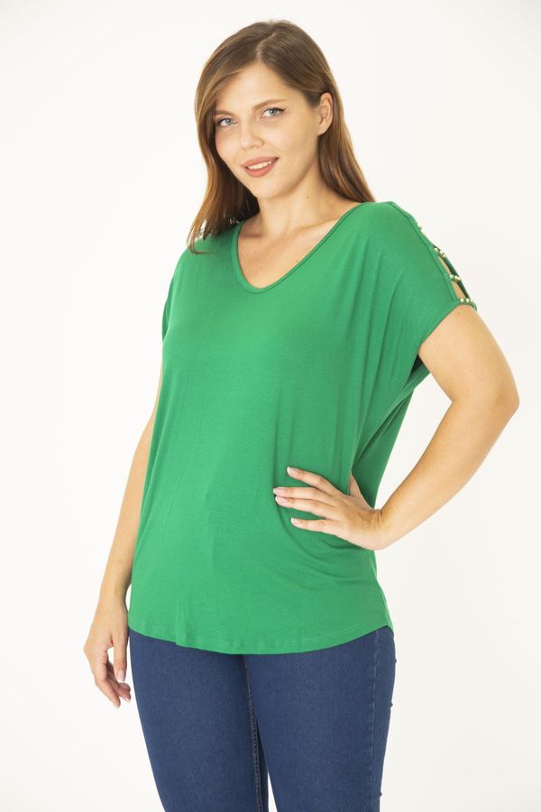 Şans Şans Women's Plus Size Green Viscose Tunic With Decollete Pearl Detailed