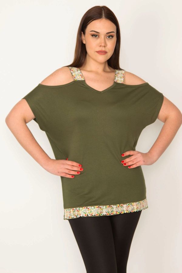 Şans Şans Women's Plus Size Khaki blouse with Decollete Straps and Sequin Lace Detail at the Hem