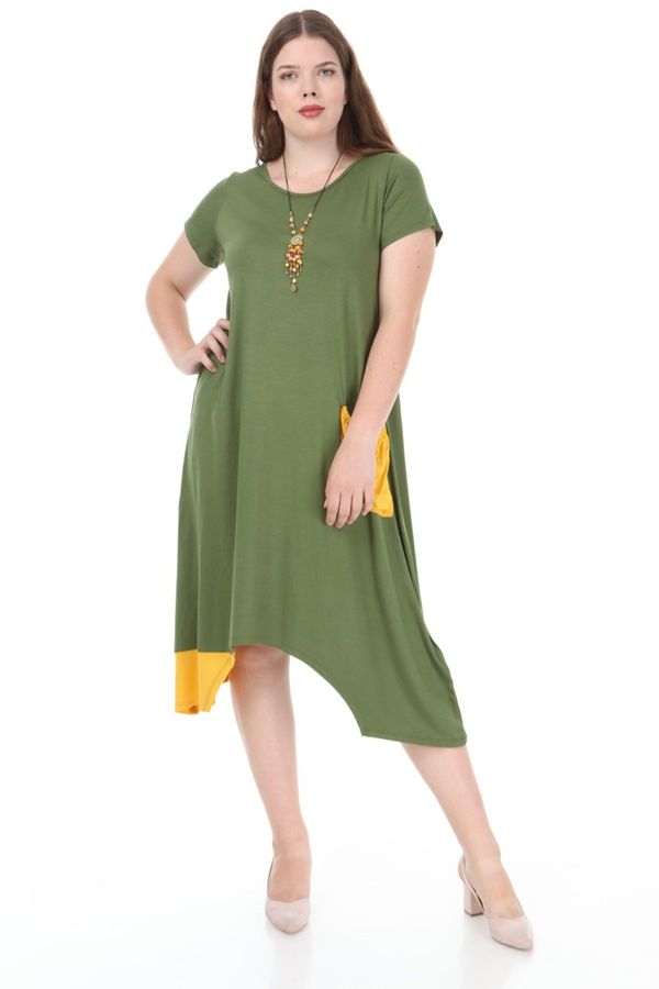 Şans Şans Women's Plus Size Khaki Pocket Detailed Garnish Dress