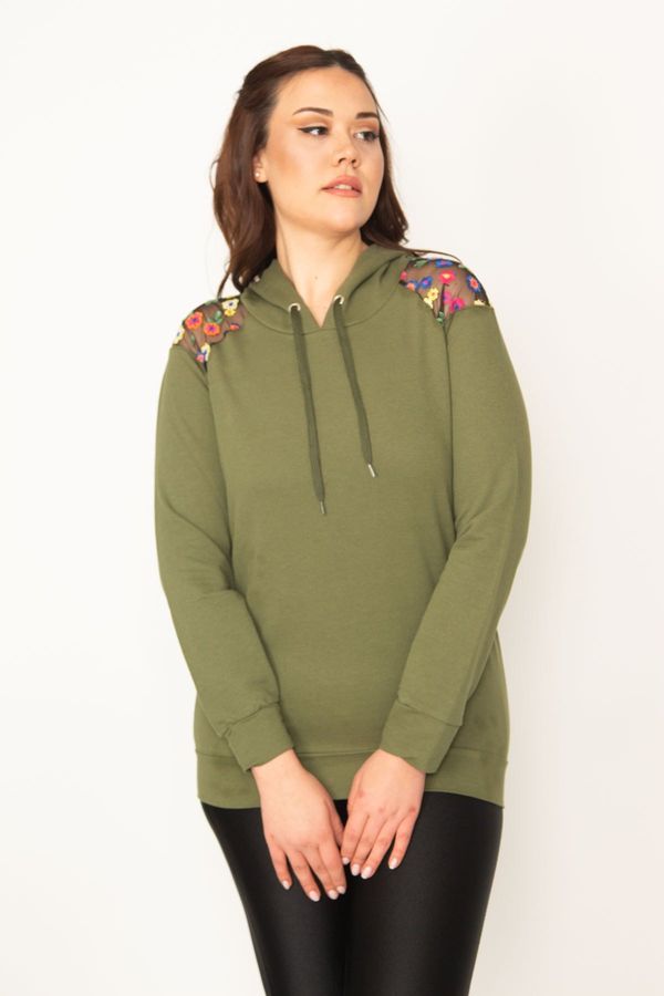Şans Şans Women's Plus Size Khaki Sequin Detail Hooded Sweatshirt