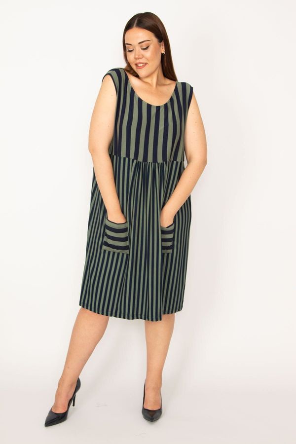 Şans Şans Women's Plus Size Khaki Stripe Combined Pocket Dress