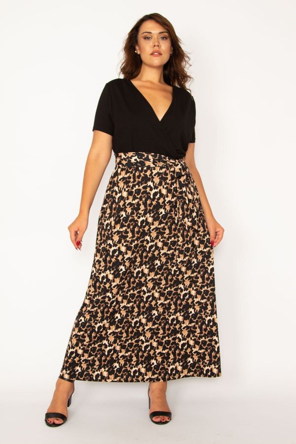 Şans Şans Women's Plus Size Leopard Patterned Leopard Print Long Dress with Belted Waist, Wrapped Collar, Belted