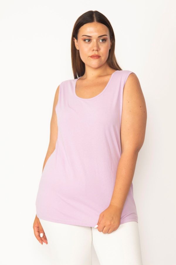 Şans Şans Women's Plus Size Lilac Cotton Fabric Crew Neck Sleeveless Blouse