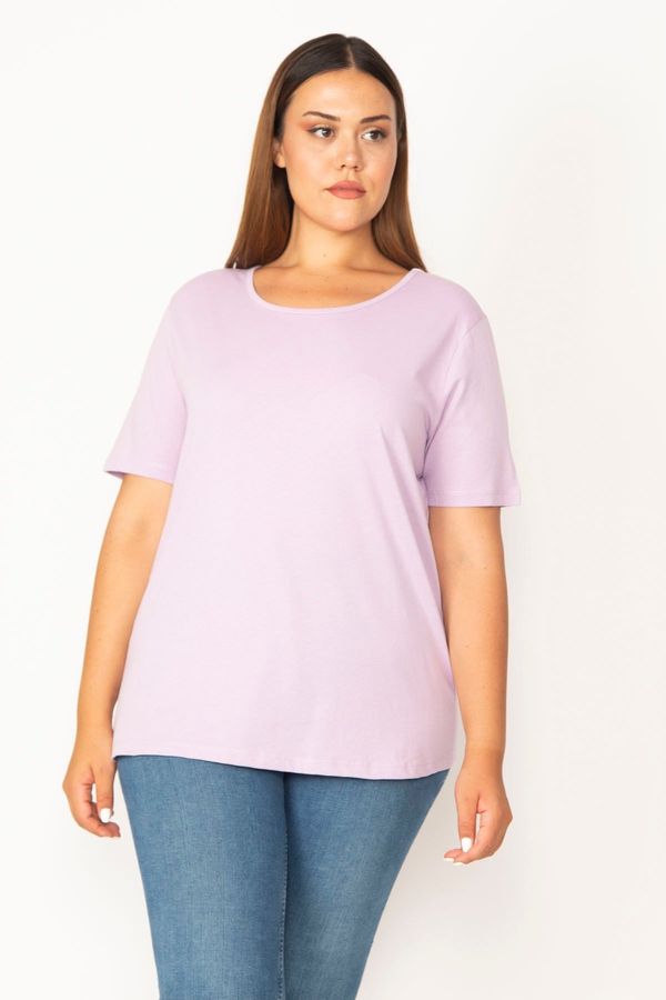 Şans Şans Women's Plus Size Lilac Cotton Fabric Crewneck Short Sleeve Blouse