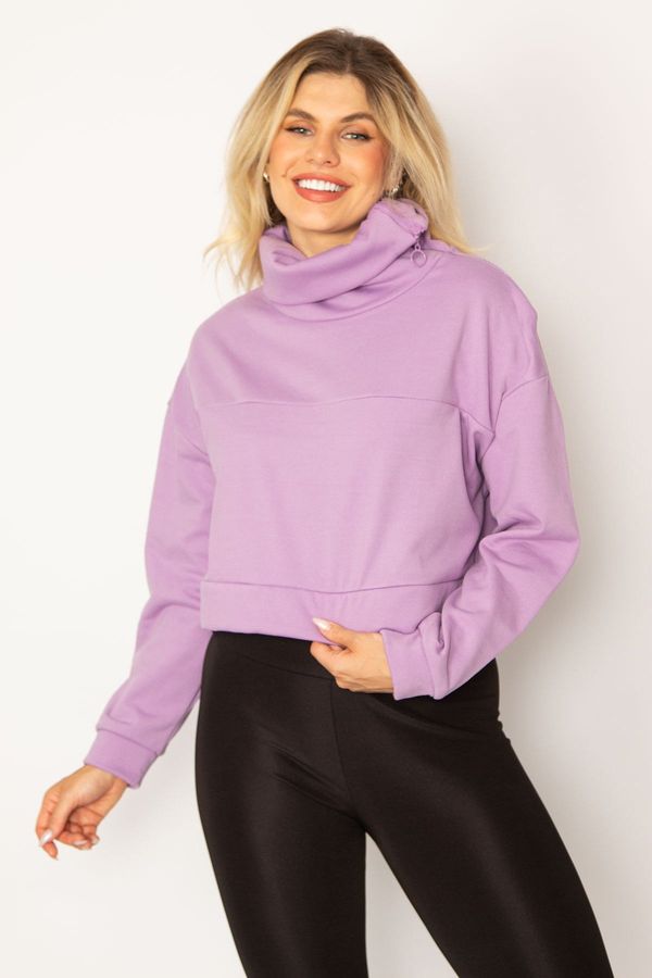 Şans Şans Women's Plus Size Lilac Shoulder Zippered Stand Up Collar Detailed Inner Sharding Sweatshirt
