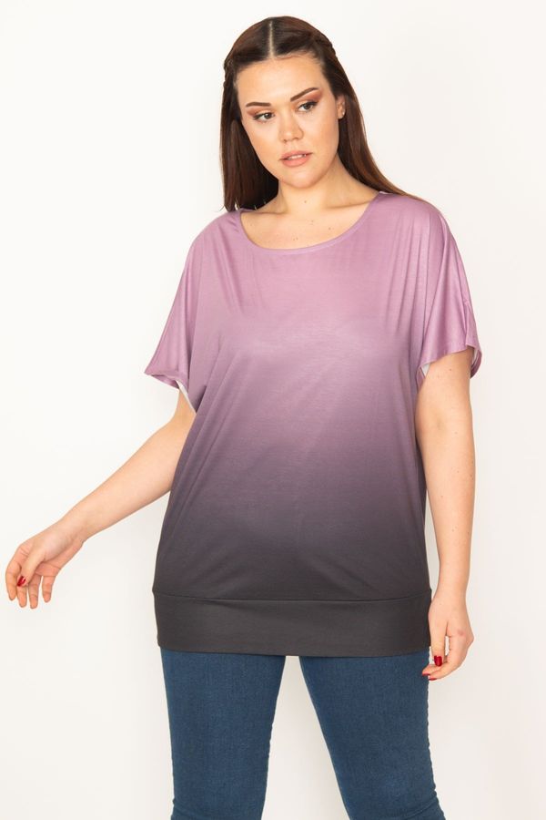 Şans Şans Women's Plus Size Lilac Tie-Dye Patterned Low-Sleeve Blouse with a Banded Hem.