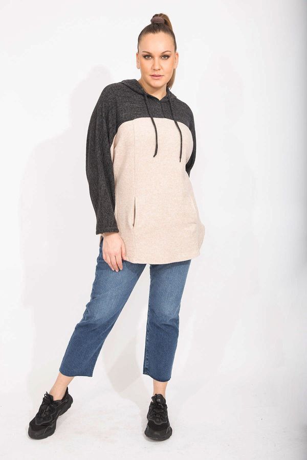 Şans Şans Women's Plus Size Mink Casual Cut Fluffy Fabric Hooded Pocket Sweatshirt