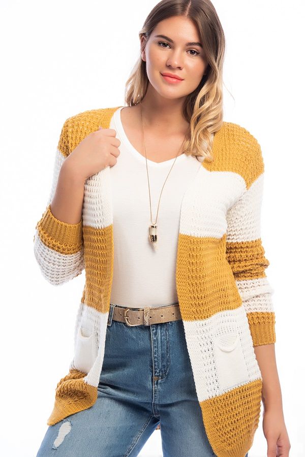 Şans Şans Women's Plus Size Mustard Openwork Knit Colored Cardigan