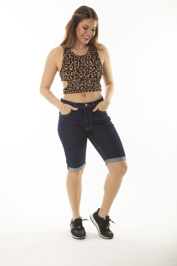 Şans Şans Women's Plus Size Navy Blue 5-Pocket Jeans Shorts with Double Legs