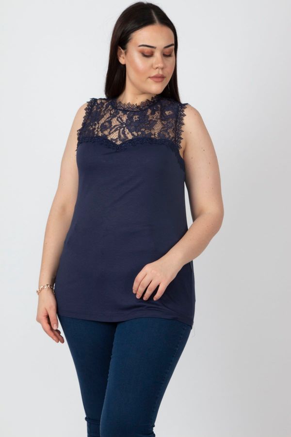 Şans Şans Women's Plus Size Navy Blue Blouse with Decollete and Lace Detail