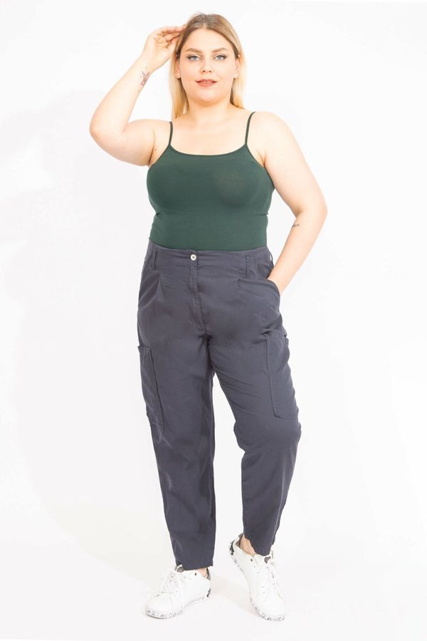 Şans Şans Women's Plus Size Navy Blue Cargo Trousers with Pocket, Hidden Belt