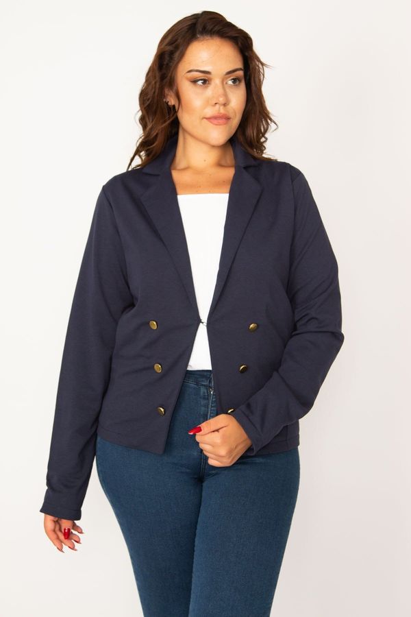 Şans Şans Women's Plus Size Navy Blue Classic Coat with Clip-on Closure and Ornamental Metal Buttons.
