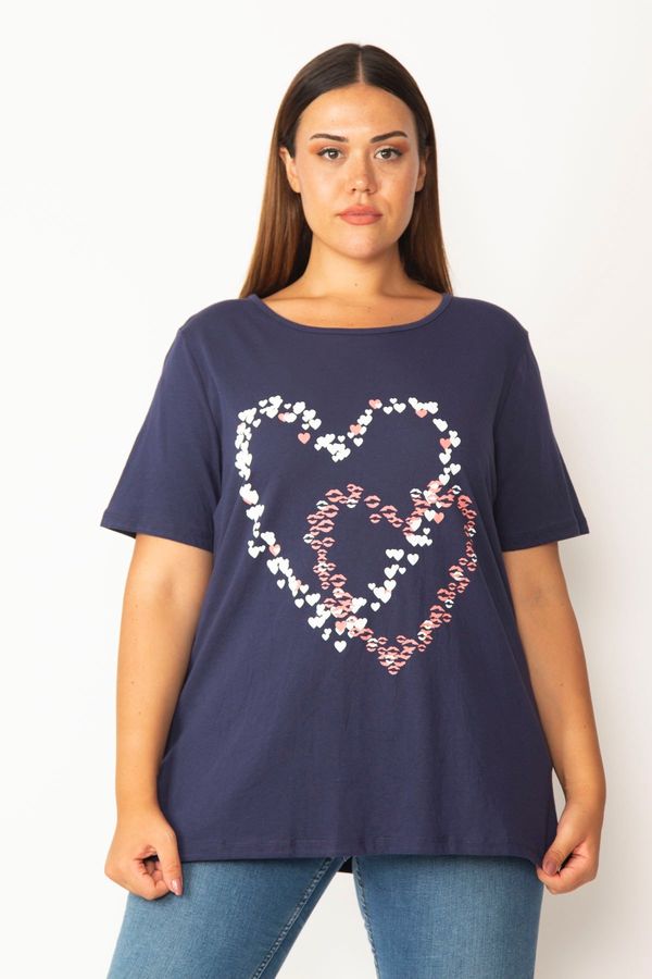 Şans Şans Women's Plus Size Navy Blue Cotton Fabric Heart Printed Blouse